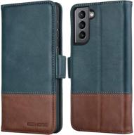 genuine leather rfid blocking wallet flip case for samsung galaxy s21 5g: kezihome navy blue/brown magnetic phone cover logo