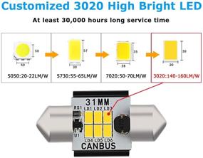 img 3 attached to AUXITO 400 Lumens 1.25 inch Canbus Error Free Festoon LED Bulbs - 31MM DE3175 DE3021, 3020 Chipsets for Interior Car License Plate Dome Map Door Courtesy Lights - Xenon White (Pack of 2)