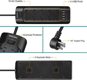 img 1 attached to 💡WANDOFO 15 футовая полоса с защитой от скачков напряжения и 10 розетками, портами USB и дизайном для крепления на стену - идеально подходит для домашнего офиса - черный