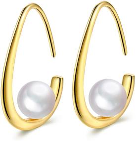 img 4 attached to Stunning 18k Gold Pearl Earrings: Women's Hoop Dangle Earrings in a Gorgeous Gold Hue