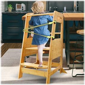 img 4 attached to 🪑 XiaZ Kitchen Helper Stool for Toddlers: Bamboo Standing Step Tower with Adjustable Heights & Safety Belt
