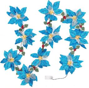 img 4 attached to Hohotime Artificial Blue Poinsettia Garland with LED Lights - Festive Christmas Party Holiday Front Door Wreath Decor, 8.33 FT Long, Green Leaves Poinsettia Vines