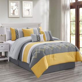 img 3 attached to Chezmoi Collection Arden 7-Piece Modern Zigzag Pleated Stripe Embroidered Bedding Comforter Set (King, Gray/Yellow/White)