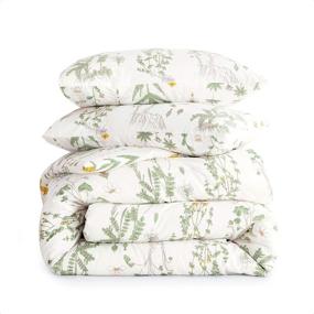 img 1 attached to 🌼 Botanical Comforter Set - Yellow Flowers and Green Leaves Floral Garden Pattern Printed on White - Wake In Cloud - 100% Cotton Fabric with Soft Microfiber Fill Bedding (3pcs, Twin Size)