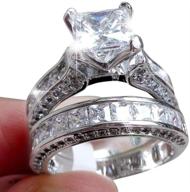 💍 zhiwen lovely ring - vintage princess cut topaz cz 10kt white gold filled engagement wedding band set - size 6-10 (us code 8) logo