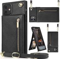 👜 black leather crossbody wallet case for iphone 11 - magnetic closure, card holder, kickstand, zipper purse - square corners protective back cover with adjustable removable strap logo