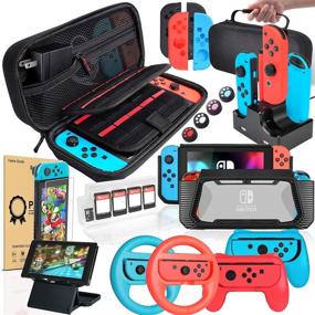 img 4 attached to 🎮 Nintendo Switch Accessories Bundle – Complete Kit with Carrying Case, Screen Protector, Playstand, Game Case, Joystick Cap, Charging Dock, Steering Wheel – 18 in 1
