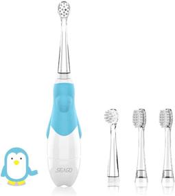 img 4 attached to 🦷 Battery Powered Baby Electric Toothbrush: Deep Clean for Infants 0-3 Years | Smart LED Timer | Waterproof | 4 Soft Brush Heads | Blue