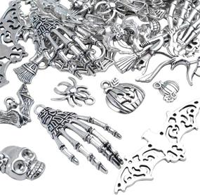 img 1 attached to 🎃 Halloween Charms - 100g (Approx. 55-60 Pieces) Assorted Silver Pendants Skeleton Pumpkin Bat Witch Collection for Jewelry Making, Key Rings, and Crafts