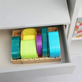 img 2 attached to 🗂️ Expandable Bamboo Lid Rack for Food Containers - 8 Dividers, Drawer/Cabinet Organizer for Pantry Shelves - Use Together or Separately