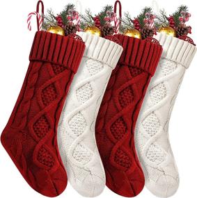 img 4 attached to 🎄 Fesciory 4 Pack Christmas Stockings: Large 18 Inches Cable Knitted Ivory White and Burgundy Gifts & Decorations for Family Holiday Xmas Party
