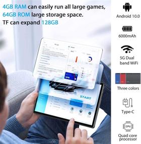 img 2 attached to 📱 5G WiFi Android 10.0 Tablet 10 Inch 2 in 1 with Keyboard, 4GB RAM, 64GB ROM, Quad-Core 1.6GHz Processor, Bluetooth, Type-C, Google Certified Tablet PC – Expandable Storage up to 128GB
