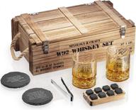 premium whiskey stones gift set: includes whiskey glass, chilling stones, and wooden army crate - perfect whiskey gift for men, dad, husband, boyfriend logo