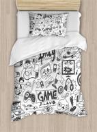 ambesonne video games duvet cover set - monochrome sketch style gaming design racing monitor device gadget teen 90's - decorative 2 piece bedding set with 1 pillow sham - twin size, white and black logo