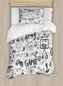 img 1 attached to Ambesonne Video Games Duvet Cover Set - Monochrome Sketch Style Gaming Design Racing Monitor Device Gadget Teen 90's - Decorative 2 Piece Bedding Set with 1 Pillow Sham - Twin Size, White and Black