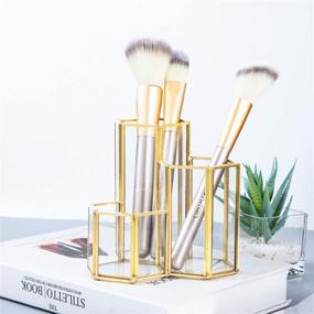 img 4 attached to 👑 Feyarl Gold Glass Makeup Brush Holder: Stylish 3 Slot Organizer for Cosmetics, Eyeliners, Pens, and Pencils – Ideal for Dresser, Bedroom, Table, Countertop, and Office Display