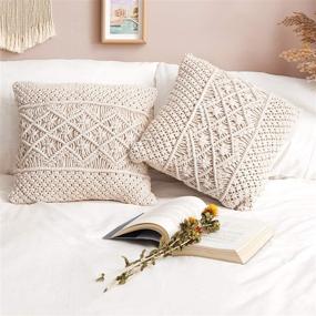 img 1 attached to Dahey Macrame Throw Pillow Cover - Boho Decorative Cushions for Bed, Sofa, Car - Set of 2, 17 Inches