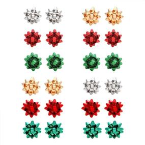 img 4 attached to Stunning HZEYN Christmas Bow Earrings Set: 12 Pairs of Gold, Silver, 🎁 Red & Green Glittery Gift Bows - Perfect Holiday Accessory for Women and Girls