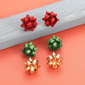 img 3 attached to Stunning HZEYN Christmas Bow Earrings Set: 12 Pairs of Gold, Silver, 🎁 Red & Green Glittery Gift Bows - Perfect Holiday Accessory for Women and Girls