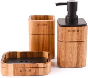 img 4 attached to 3-Piece Satu Brown Acacia Wood Bathroom Accessory Set: Soap Dispenser, Tumbler & Soap Dish - Ideal for Bathroom Decor and Housewarming Gifts