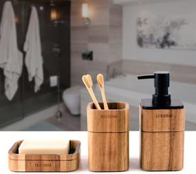 img 2 attached to 3-Piece Satu Brown Acacia Wood Bathroom Accessory Set: Soap Dispenser, Tumbler & Soap Dish - Ideal for Bathroom Decor and Housewarming Gifts