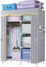 img 4 attached to 🗄️ LDAB Grey Pattern Portable Wardrobe Closet Organizer with Shelves, Hanging Rack & Side Pockets, 41x18x67'' - Extra Strong and Durable