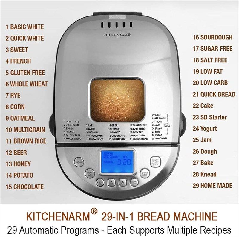 KITCHENARM 19-in-1 Automatic Bread Machine with Recipes - Beginner Friendly  2LB Bread Making Machine Bread Maker Machine with Gluten Free Setting (3  Loaf Sizes, 3 Crust Colors, 15 Hours Delay Timer)