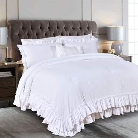 img 4 attached to 🛏️ Queen Size Masaca White Ruffled Comforter Set – Lightweight Farmhouse Shabby Boho Chic White Bedding – Ultra Soft Fluffy Washed Microfiber 3-Piece Bed Comforter Set (Includes 1 White Comforter and 2 Ruffle Pillow Shams)