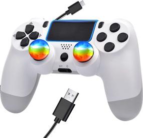 img 4 attached to 🎮 White Wireless Controller for P-4 System - Includes 1 Cable, 2 Rainbow Caps, Two MOTORS/800mAh Battery - OS4 Manette for Men/Boys/Kids/Girls (White, New Affordable Joystick)