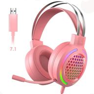 7.1 surround sound gaming headset for pc, lightweight headset with noise canceling mic, bass surround, soft 🎧 memory earmuffs, rainbow led backlit - compatible with pc, ps4, xbox one controller (adapter not included) - pink logo