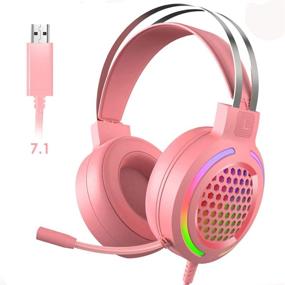 img 4 attached to 7.1 Surround Sound Gaming Headset for PC, Lightweight Headset with Noise Canceling Mic, Bass Surround, Soft 🎧 Memory Earmuffs, Rainbow LED Backlit - Compatible with PC, PS4, Xbox One Controller (Adapter Not Included) - Pink