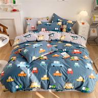 🚗 blue car duvet cover set twin - 100% cotton bedding for kids - crocodile bus transportation on navy blue gray - cartoon car comforter cover with zipper ties - 2 pillowcases included logo