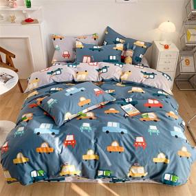 img 4 attached to 🚗 Blue Car Duvet Cover Set Twin - 100% Cotton Bedding for Kids - Crocodile Bus Transportation on Navy Blue Gray - Cartoon Car Comforter Cover with Zipper Ties - 2 Pillowcases Included