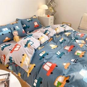 img 3 attached to 🚗 Blue Car Duvet Cover Set Twin - 100% Cotton Bedding for Kids - Crocodile Bus Transportation on Navy Blue Gray - Cartoon Car Comforter Cover with Zipper Ties - 2 Pillowcases Included