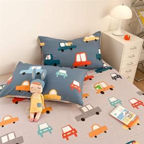 img 1 attached to 🚗 Blue Car Duvet Cover Set Twin - 100% Cotton Bedding for Kids - Crocodile Bus Transportation on Navy Blue Gray - Cartoon Car Comforter Cover with Zipper Ties - 2 Pillowcases Included
