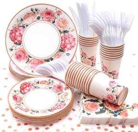 img 4 attached to Vintage Floral Party Supplies Set - Serves 24 | Rose Flower Disposable Plates, Napkins, Cups, Utensils, Tablecloth | Perfect for Baby Shower, Birthday, Bridal Shower, Tea Party