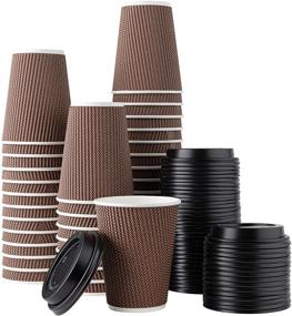 img 4 attached to ☕ 40 Sets - 12 oz. Insulated Double Wall Paper Hot Coffee Cups With Lids, Brown Ripple Design