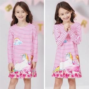 img 2 attached to 🦄 Quedoris Girls Dress: Unicorn Printed A-line Long Sleeve Casual Dress for Kids (4-10 Years)