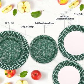 img 1 attached to 🌸 150-Pack Disposable Paper Plates and Cups Set, Elegant Emerald Green Silver Flower Trim Design Dinner Dessert Plates, Wedding Party Supplies Set. Includes 50 Dinner Plates, 50 Dessert Plates, and 50 Cups