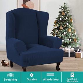 img 3 attached to Turquoize Turquoize Stretch Wingback Chair Slipcover Slipcovers For Wingback Chairs 1 Piece Wing Chair Cover Washable Spandex Jacquard Fabric With Elastic Bottom Non Slip Furniture Protector Navy