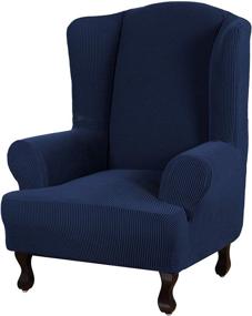 img 4 attached to Turquoize Turquoize Stretch Wingback Chair Slipcover Slipcovers For Wingback Chairs 1 Piece Wing Chair Cover Washable Spandex Jacquard Fabric With Elastic Bottom Non Slip Furniture Protector Navy