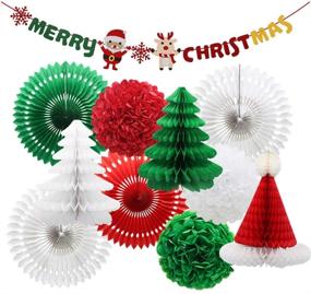 img 4 attached to 🎉 KAXIXI Festive Christmas Felt Banner Party Decorations: Hanging Paper Fans, Pom Pom Flowers, Honeycomb Balls for New Year's Eve Birthday Baby Shower Xmas Party Decor