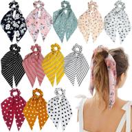 🌸 12-piece hair scarf scrunchies set for women: chiffon floral scrunchie scarf hair ties, ponytail holder with ribbon scrunchie tails logo