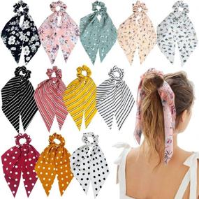 img 4 attached to 🌸 12-Piece Hair Scarf Scrunchies Set for Women: Chiffon Floral Scrunchie Scarf Hair Ties, Ponytail Holder with Ribbon Scrunchie Tails