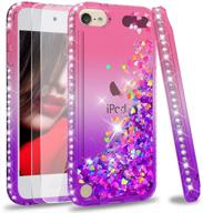 📱 glitter liquid clear phone case for ipod touch 7/6/5 with tempered glass screen protector - pink/purple, leyi logo