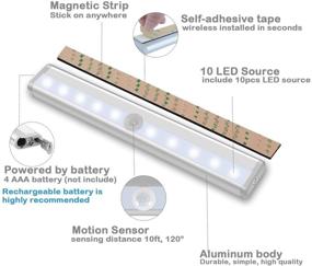 img 3 attached to Wireless Under Cabinet Lighting, 10 LED Battery Powered Lights, Motion Sensor Closet Lights, Stick On Lights, Motion Night Light Bar for Stairs Hallway Kitchen, White (6 Pack)