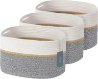 set of 3 foldable cotton rope storage baskets with handles, 15x10x9 inch, ideal for office organization, books, towels, nursery - gray and white logo