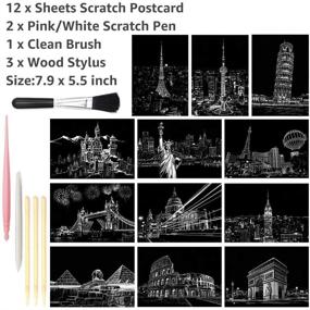 img 3 attached to M MUGIT Magic Scratch Art Paper: Mini Envelope Postcard with Rainbow Night View Scratchboard for Adults and Kids - Art & Crafts Set Includes 12 Sheets Scratch Cards, Drawing Pen, and Clean Brush (Landmark Building)