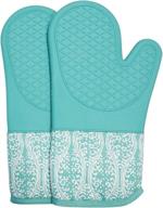 professional microwave silicone oven mitts - heat resistant kitchen gloves for bbq, cooking, baking - 500 degrees - light blue (one pair) logo