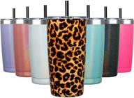 🐆 aloufea 20oz stainless steel tumbler - vacuum insulated double wall coffee cup with lid & straw - powder coated travel mug, leopard design logo